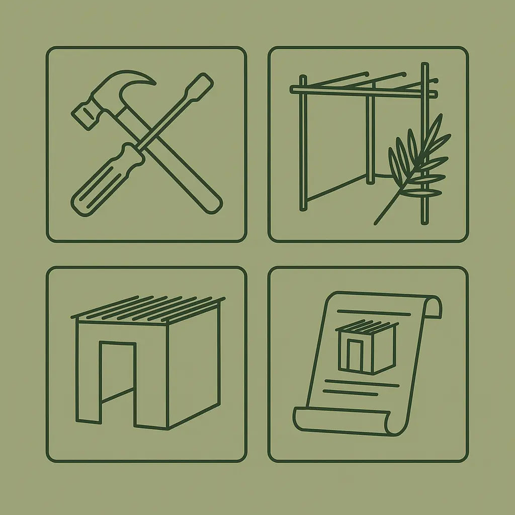 Download sukkah assembly instructions for all sizes – from 4×6 FT to 12×24 FT. Clear diagrams, setup tips, and printable PDFs.