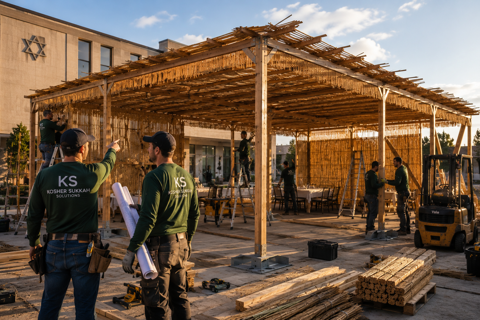 Decorated rooftop sukkah for a larger community gathering