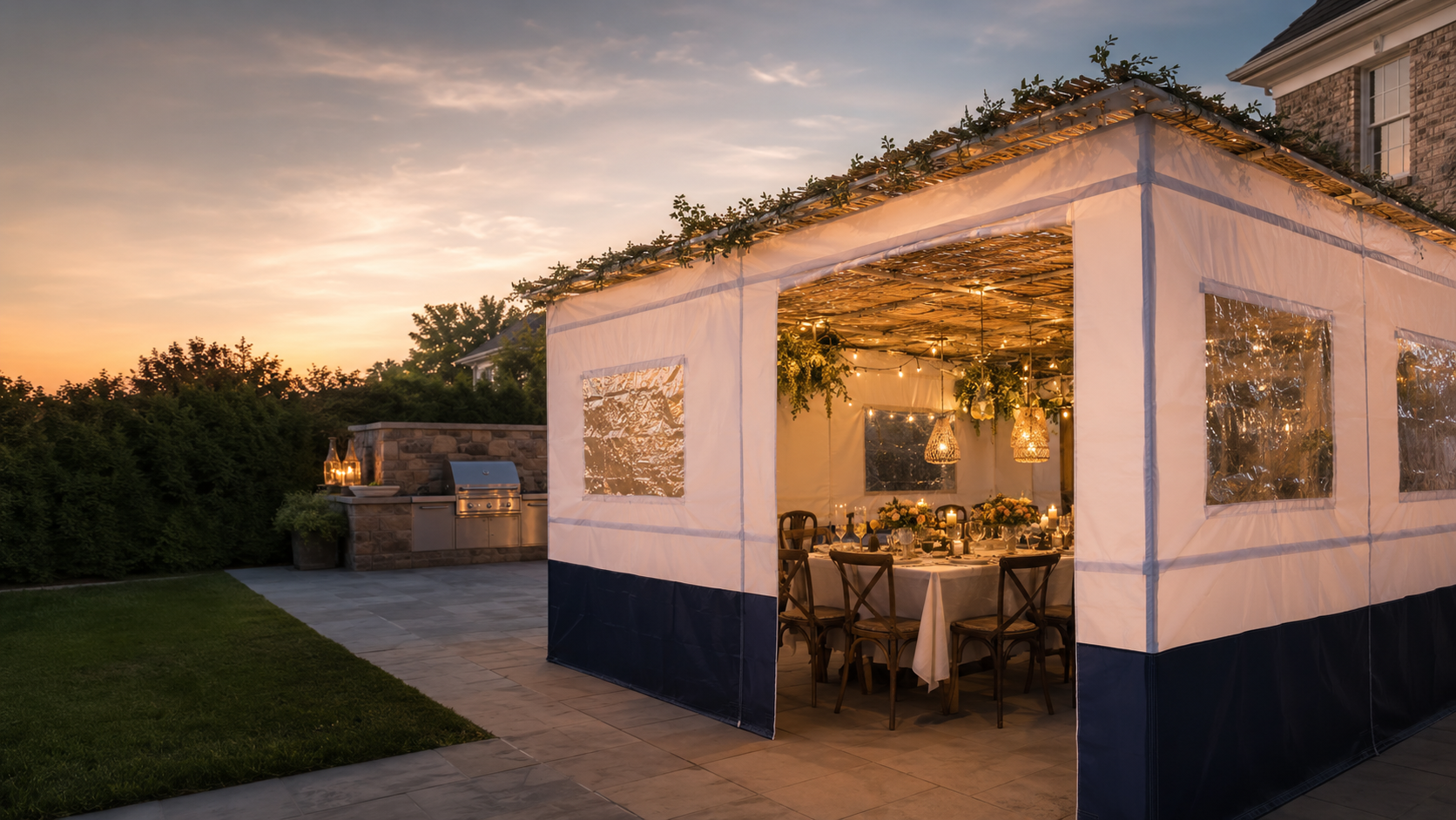 A sukkah prepared for family meals during Sukkot