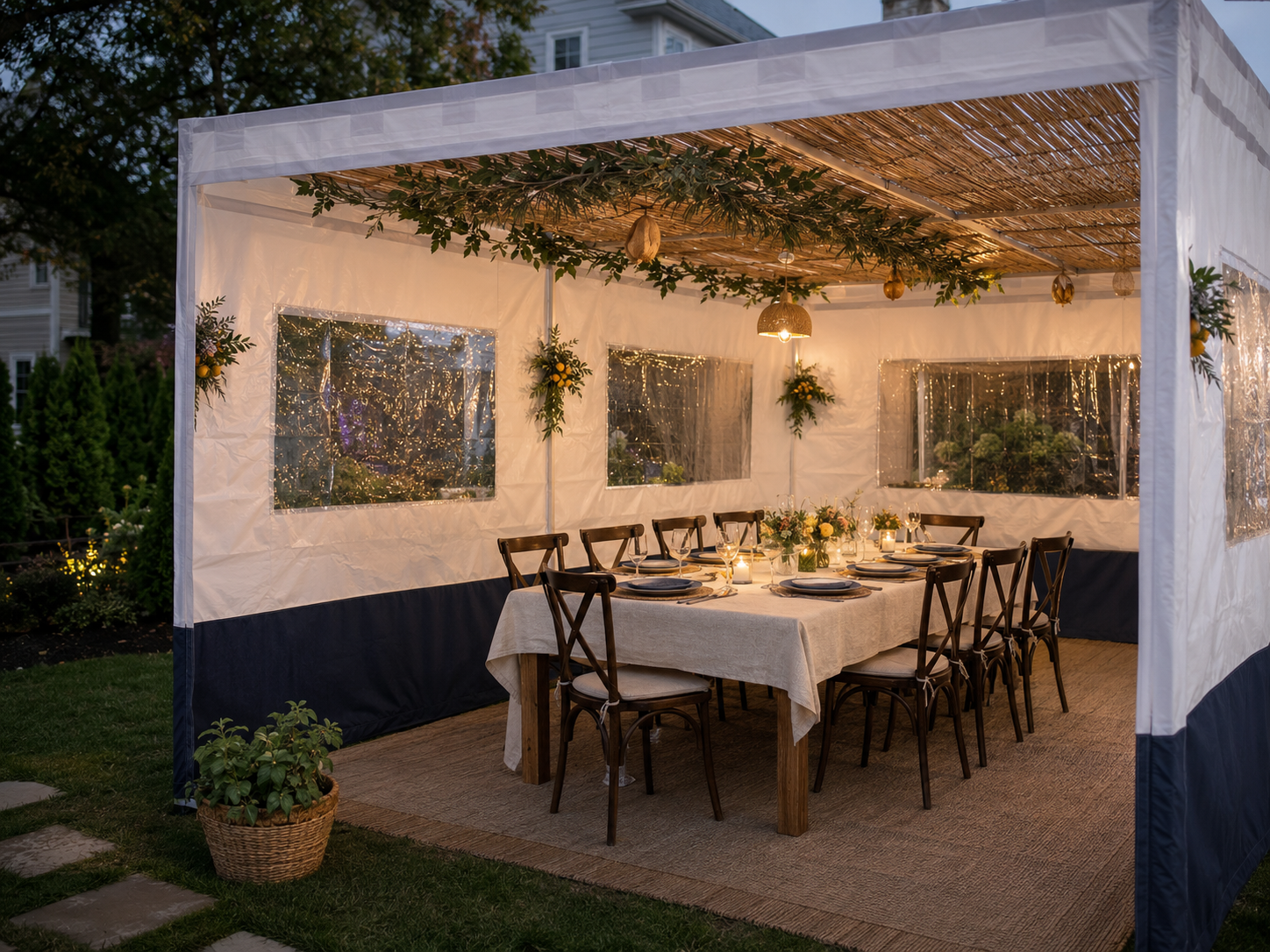 Standard family sukkah arranged for regular Sukkot meals
