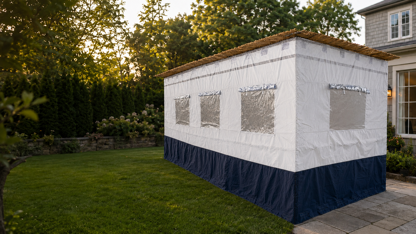 Residential sukkah prepared for a family home